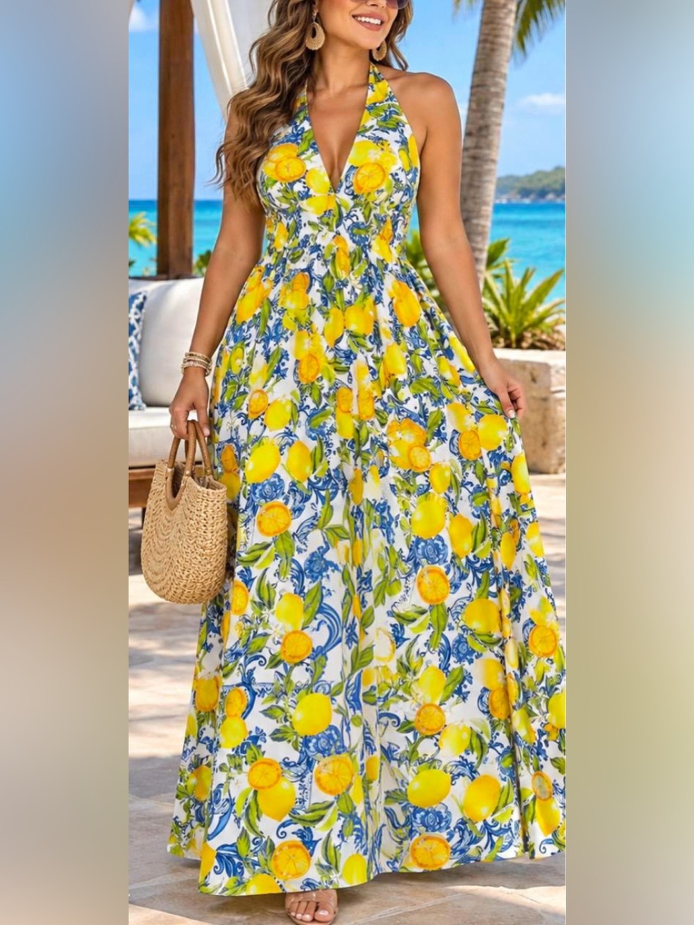 Women’s Lemon Print Maxi Dress - Yellow Floral Summer Dress. L (New without tag)